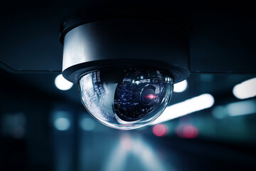 Macro close-up of dome surveillance camera in modern subway station at night