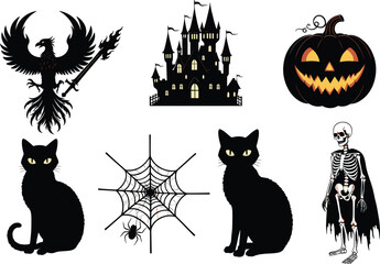 Obraz premium Halloween icon illustration, spooky character set, haunted castle, black cat, skeleton figure, jack-o'-lantern, spider web, phoenix bird, festive theme, eerie design, vector graphic