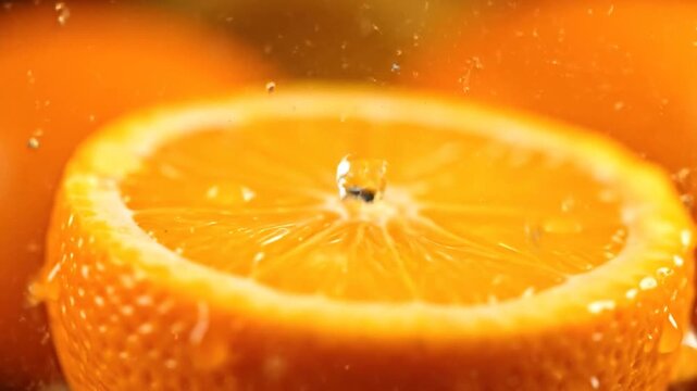 Juicy orange slice with water pouring on it, refreshing and vibrant