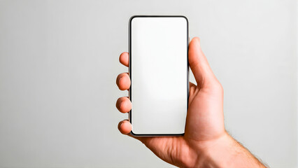 Phone with empty screen held in hand, concept for digital marketing, mobile promotion or advertising