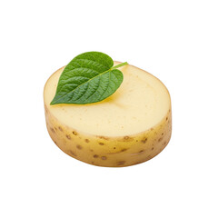 Potato slice with green leaf on top