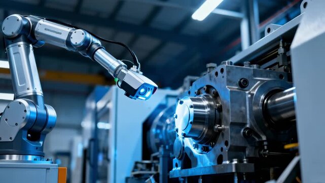 Medium shot of a sleek inspection robot scanning industrial machinery with precise sensors during routine automated facility check