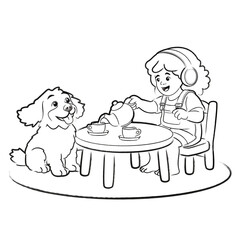 Black and White Hand Sketch of Little Girl Having a Tea Party With Her Dog