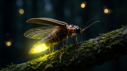 Close up of a luminous firefly glowing brightly on a moss covered branch in a dark, enchanting forest at night, surrounded by other soft lights