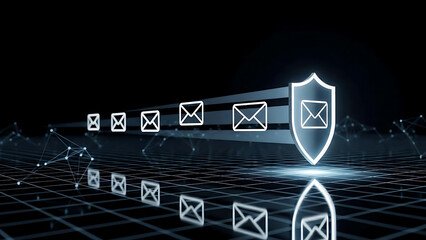 Futuristic cyber security network illustration with glowing shield icons and digital data stream