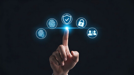 Digital security concept with finger touching glowing icons representing data protection and cyber safety