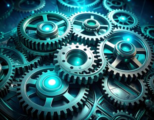 Close-up of metallic gears interlocking in a futuristic design