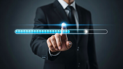Business professional interacting with a futuristic digital loading bar displaying progress and technological advancement