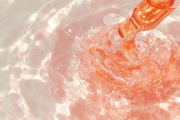 High-speed capture of rose gold dropper bottle falling into water, creating ripples and splashes, showcasing elegance and beauty in liquid motion with copy space