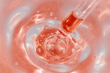 High-speed capture of rose gold dropper bottle falling into rippling water, showcasing dynamic motion and fluid interaction with vibrant reflections and textures