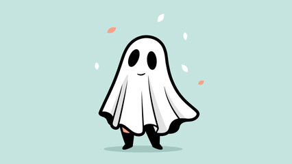 Cute Cartoon Ghost Character with Sheet Costume and Smiling Face.