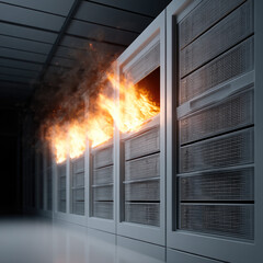 Burning server rack in data center with intense flames and smoke, emergency situation, technology disaster, dramatic scene