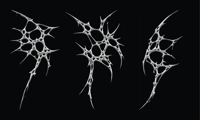 Set 3d chrome metal effect neo tribal y2k gothic style tattoo. Cyber sigilism abstract design. Black flame ornaments with sharp edges and metalcore aesthetic. Vector decorative elements