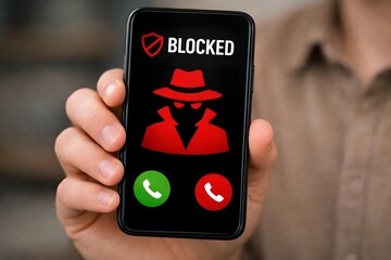 Phone screen showing scam call blocked with hacker icon and security shield. Concept of mobile protection, cybercrime prevention, caller ID alert system, and digital safety awareness.