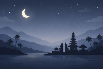 A serene nighttime landscape with a crescent moon shining over a tranquil lake and temple