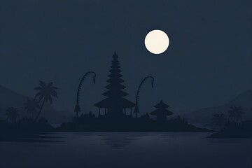 A serene nighttime scene of a tropical island with a full moon