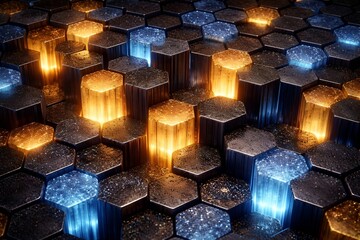 A futuristic arrangement of glowing hexagonal blocks in a dark setting