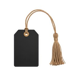 Black tag with jute tassel isolated on white background