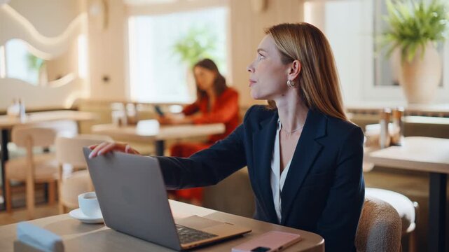 Shocked lady find mistake in online project sitting cafe closeup. Worried woman