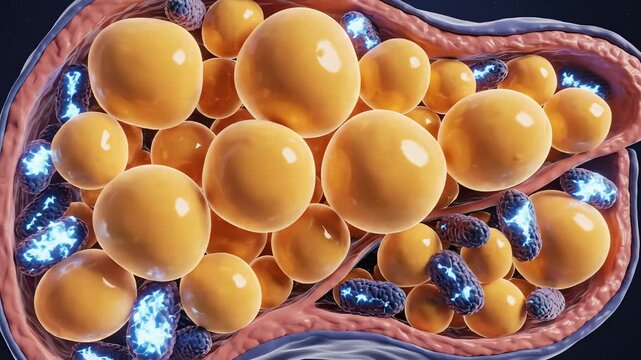 Liver lipid overload. Excess dietary fat enters hepatocytes, forming large lipid droplets that crowd cellular space. Mitochondrial activity appears less organized