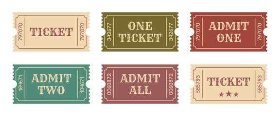Vintage Retro Admission Tickets Set, Old Cinema and Event Passes, Antique Color Paper Coupons Collection for Theater, Fair, Concert and Festival Graphic Use