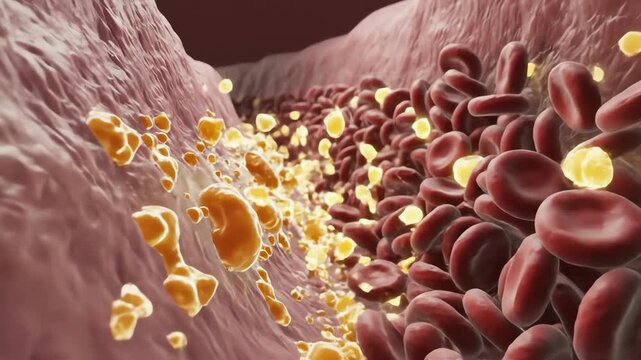 Triglyceride-rich plasma. Blood appears thicker and more crowded with lipid particles, slowing circulation. Transport efficiency decreases, vessel walls show increased interaction with fatty particles