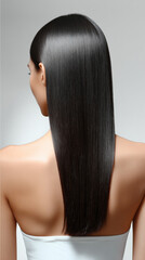 Naklejka premium Sleek straight black hair woman back view healthy shiny smooth hairstyle beauty model studio
