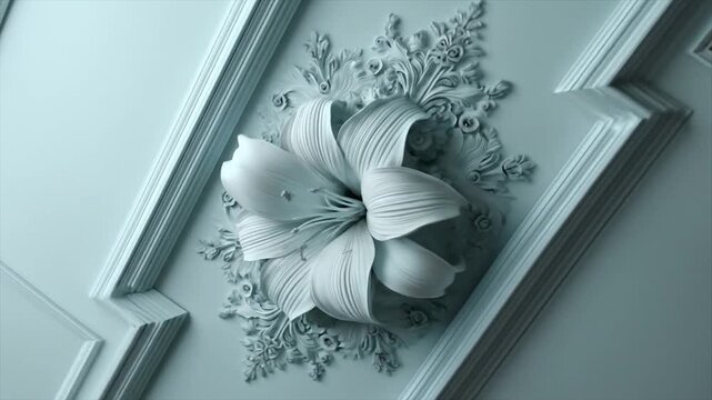 Floral relief sculpture against panel wall with decorative foliage