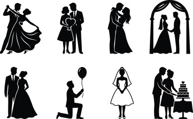 Wedding couple silhouette set featuring bride groom dancing proposal ceremony cake cutting romantic moments vector illustration collection for design templates