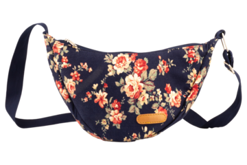 Navy blue floral patterned bag isolated on white background