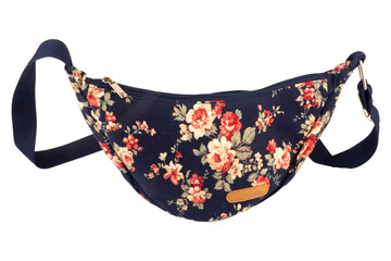 Navy blue floral patterned bag isolated on white background