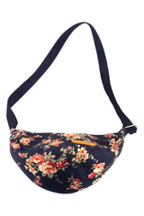 Navy blue floral patterned bag isolated on white background