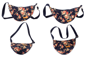 Navy blue floral patterned bag isolated on white background