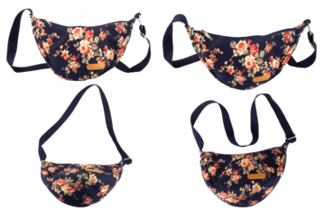 Navy blue floral patterned bag isolated on white background