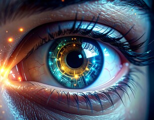 Close-up of human eye with digital circuit design overlaid on iris