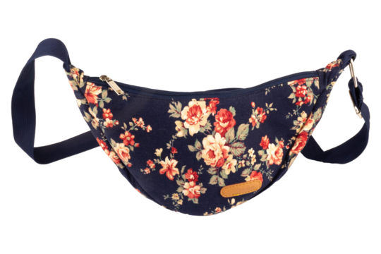 Navy blue floral patterned bag isolated on white background - Powered by Adobe
