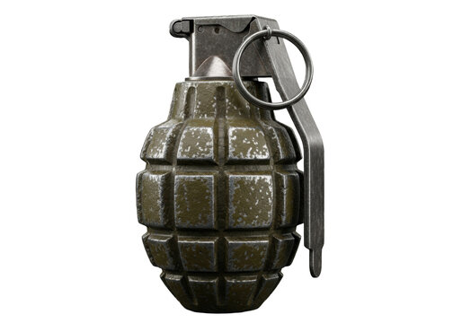 ultra photorealistic macro close-up of a heavily worn m67 fragmentation hand grenade, matte olive drab, showing scratches, isolated on a deep charcoal gray background. concept of military hardware