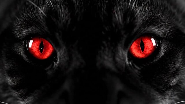 Close-up of black feline face with glowing red eyes staring directly at the viewer