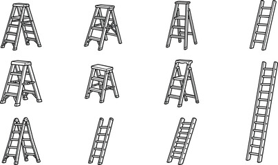 Outline Ladder Icons Collection Featuring Step Ladders Folding Ladders and Extension Ladders Construction Maintenance Safety Line Vector Illustration Isolated on White Background © Md