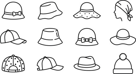 Outline Hat Icons Collection Featuring Caps Beanies Fedora Bucket and Scarf Minimal Flat Vector Illustration Isolated on White Background