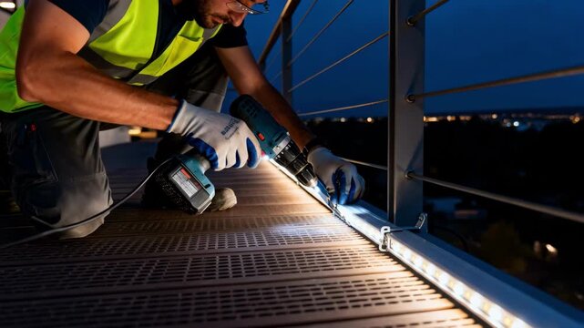 Crew member installing modern LED strip lights along the outdoor deck enhancing visibility and ambiance during nighttime operations.