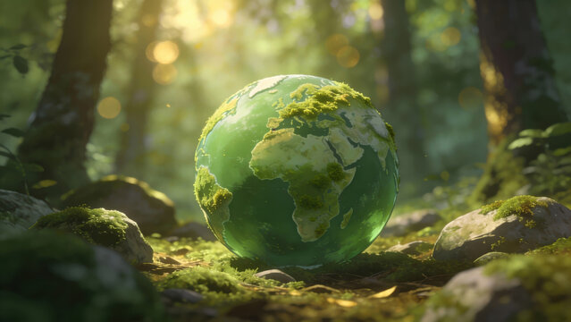 Earth Day - Green Globe In Forest With Moss And Defocused Abstract Sunlight - Environment Concept - Powered by Adobe