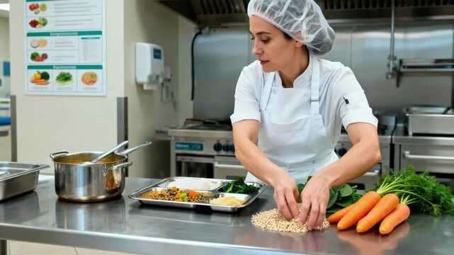 Medium shot of a culinary chef preparing vegetarian hospital meals ensuring patient diets align with nutritional guidelines for recovery