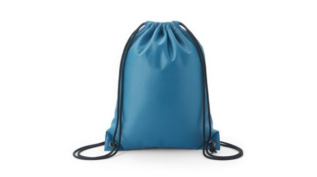Blue Drawstring Backpack on White Background Keywords: backpack, drawstring, bag, blue, fabric, textile, casual