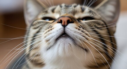 Close-up of a focused tabby cat looking upwards with a serene expression.