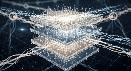 Futuristic data layers with glowing connections and binary code