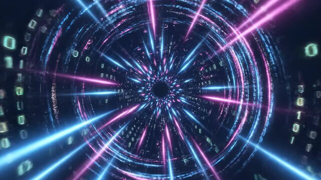 Vibrant digital tunnel with pink and blue lights and binary code on dark background with futuristic technology elements and data visualization