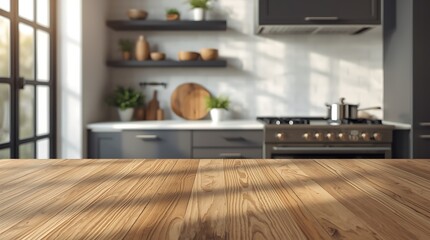Sunlit Modern Kitchen Interior with Wooden Countertop Foreground