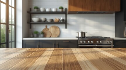 Sunlit Modern Kitchen Interior with Wooden Countertop Foreground