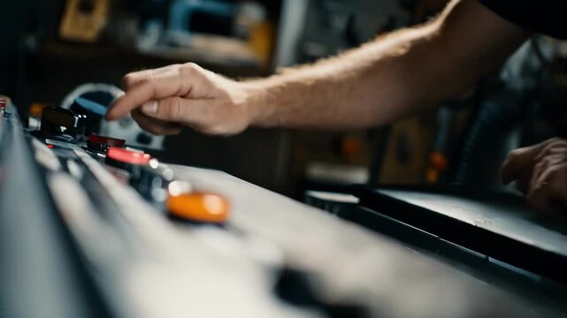 Medium shot capturing hands adjusting settings on a customizable curing chamber control panel tailored for specialized retread curing cycles